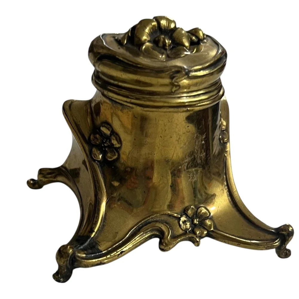 Vintage Brass Art Nouveau Floral Desk‎ Accessory Inkwell or Trinket Box